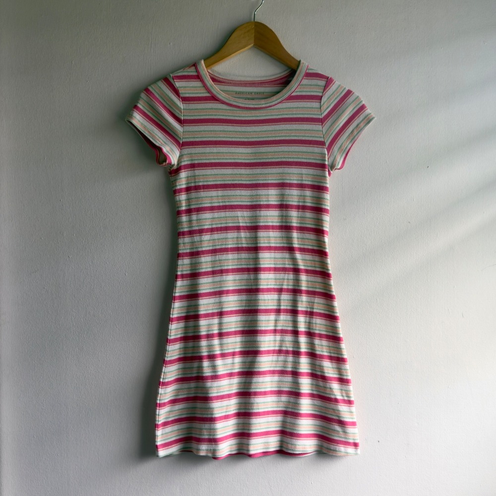 American Eagle Striped T-Shirt Mini Dress Womens XS Pink Green Y2K Aesthetic